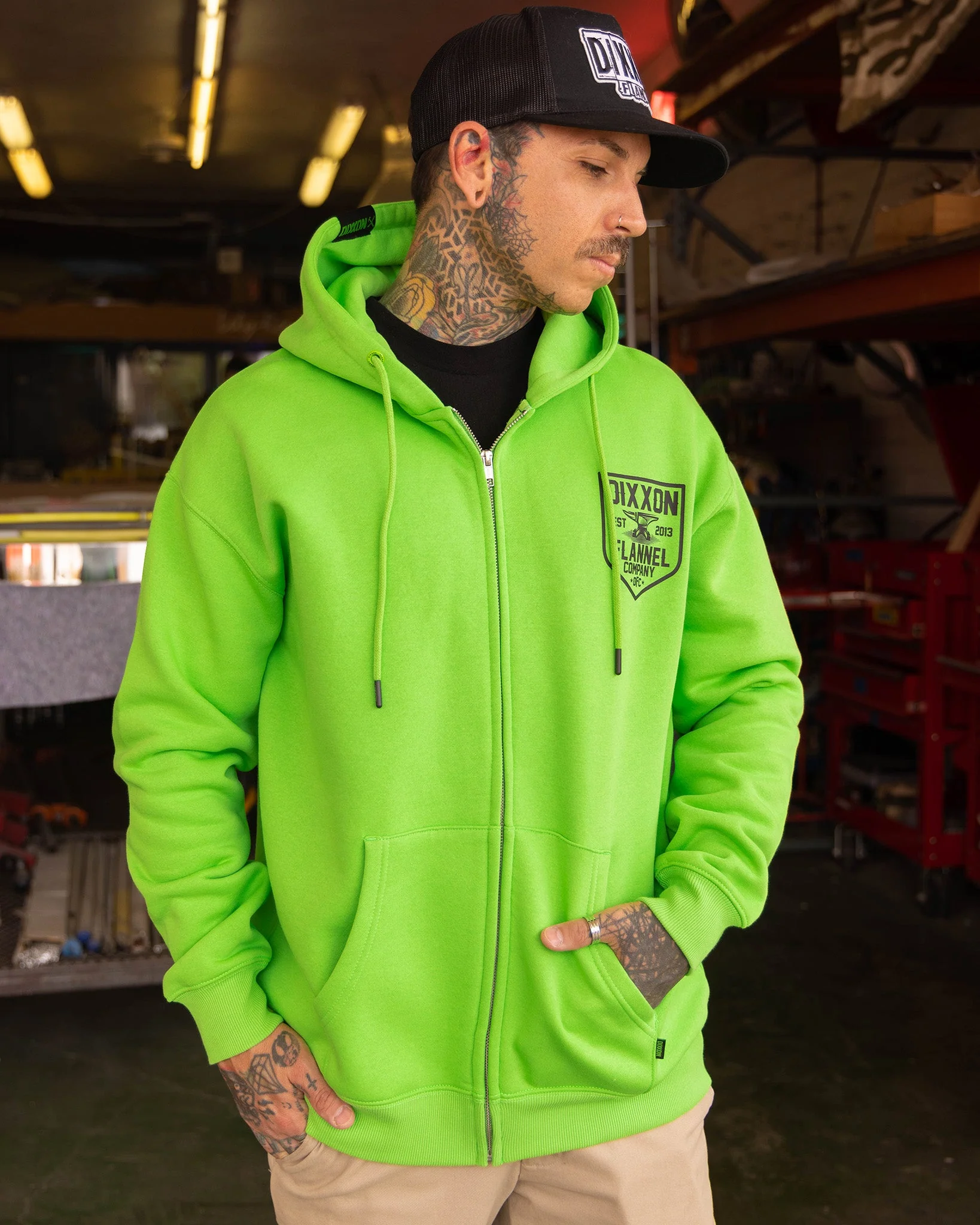 Black DFC Shield Zip Up Hoodie - Safety Green - Image 4