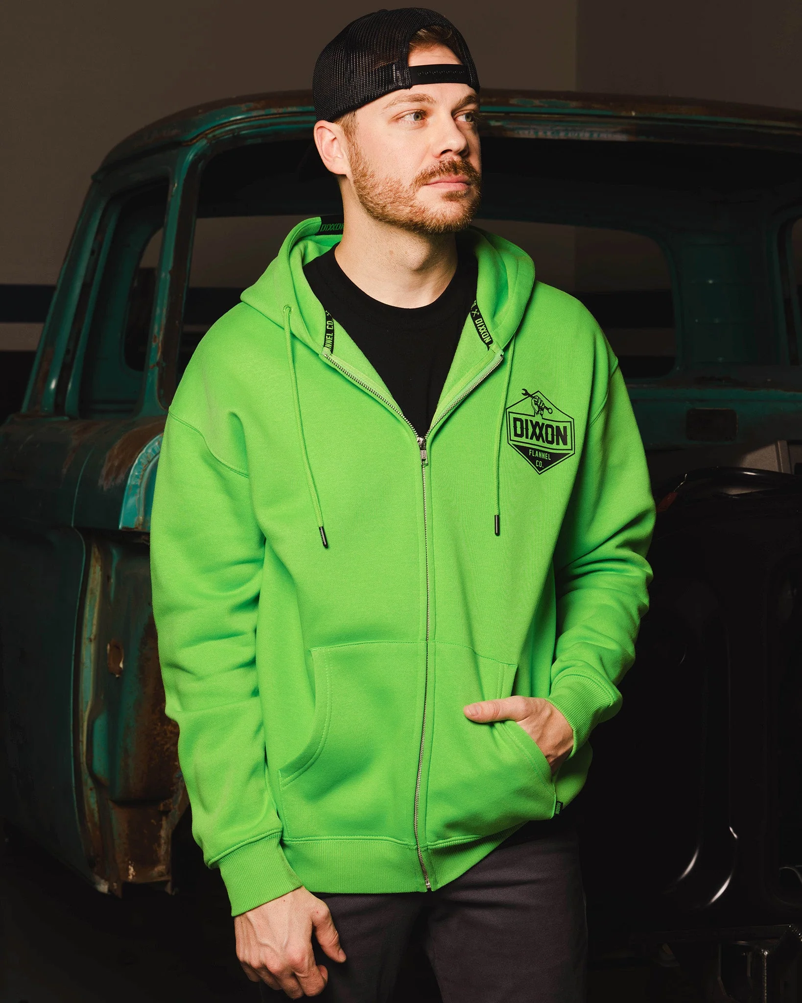 Black Working Class Logo Zip Up Hoodie - Safety Green - Image 2