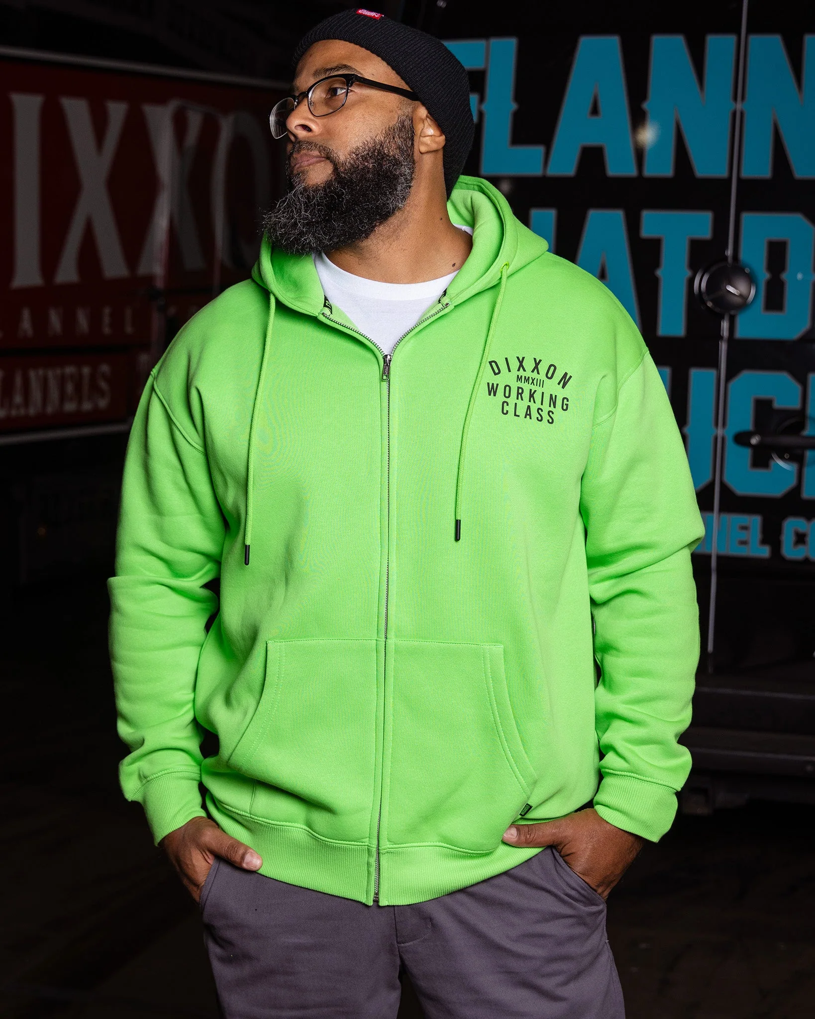Black Working Class Zip Up Hoodie - Safety Green - Image 4