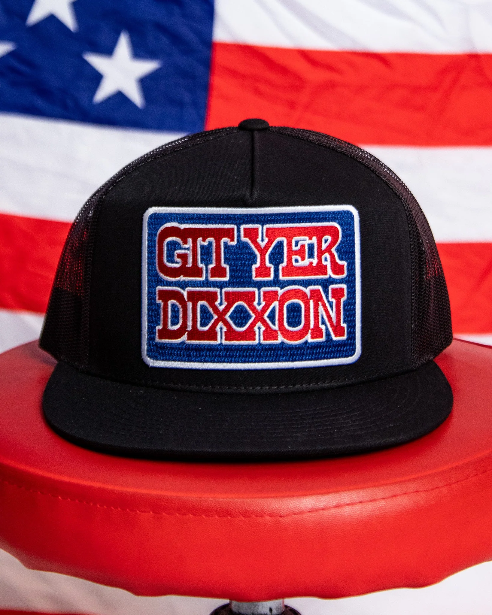 Git Yer Dixxon Flat Bill Trucker Snapback - Red, White, & Blue - Image 4