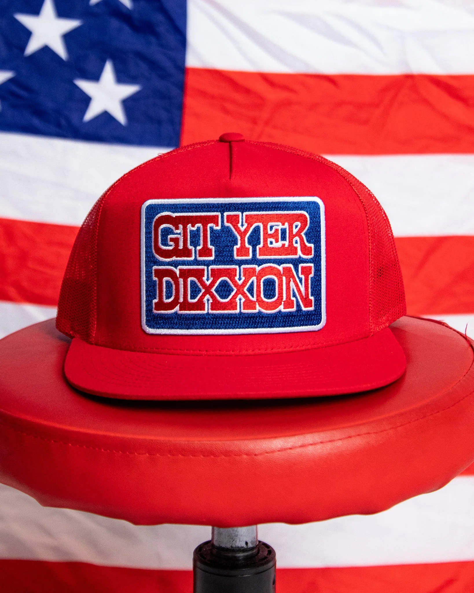 Git Yer Dixxon Flat Bill Trucker Snapback - Red, White, & Blue - Image 5