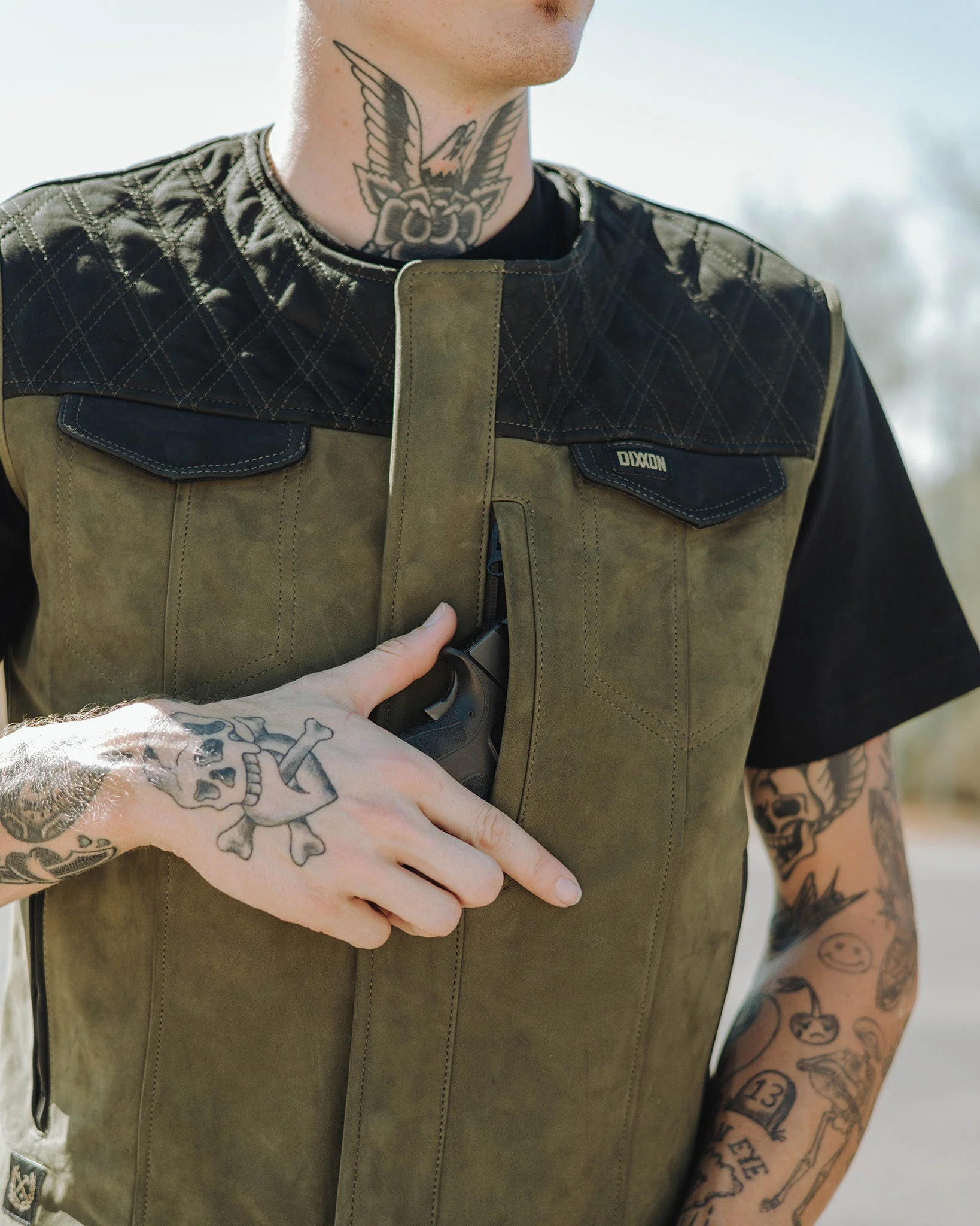 Humboldt Diamond Stitch Suede Leather Vest - Black & Olive Green - Image 9