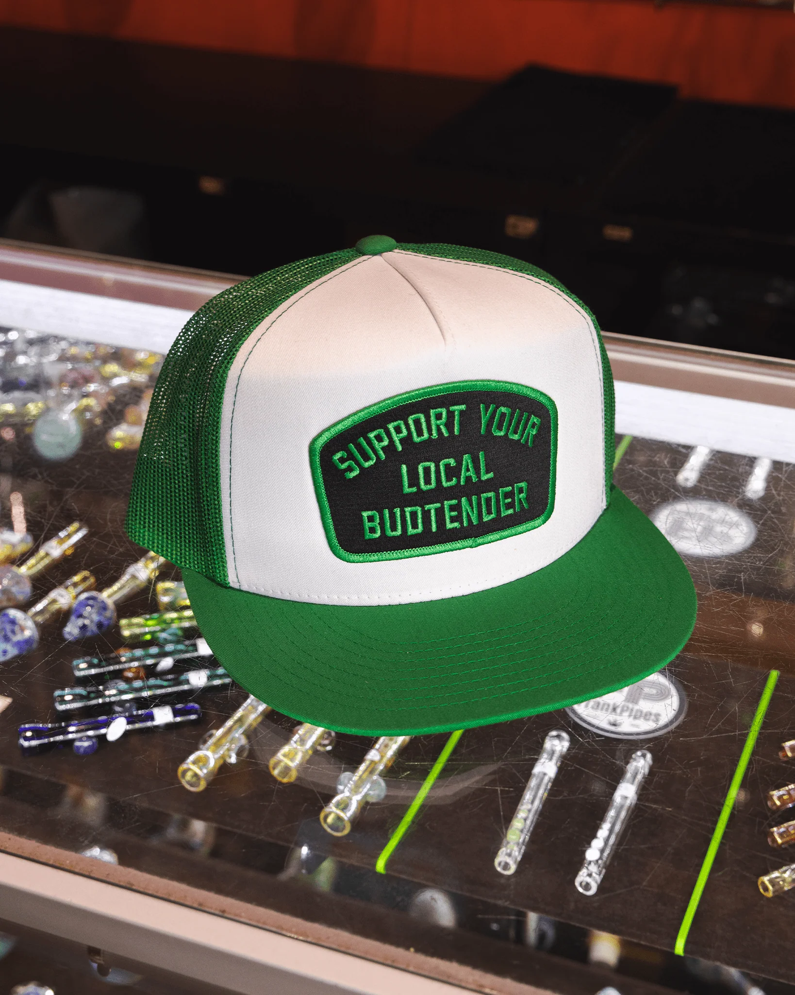 Support Your Local Budtender Flat Bill Trucker Snapback - Green - Image 3
