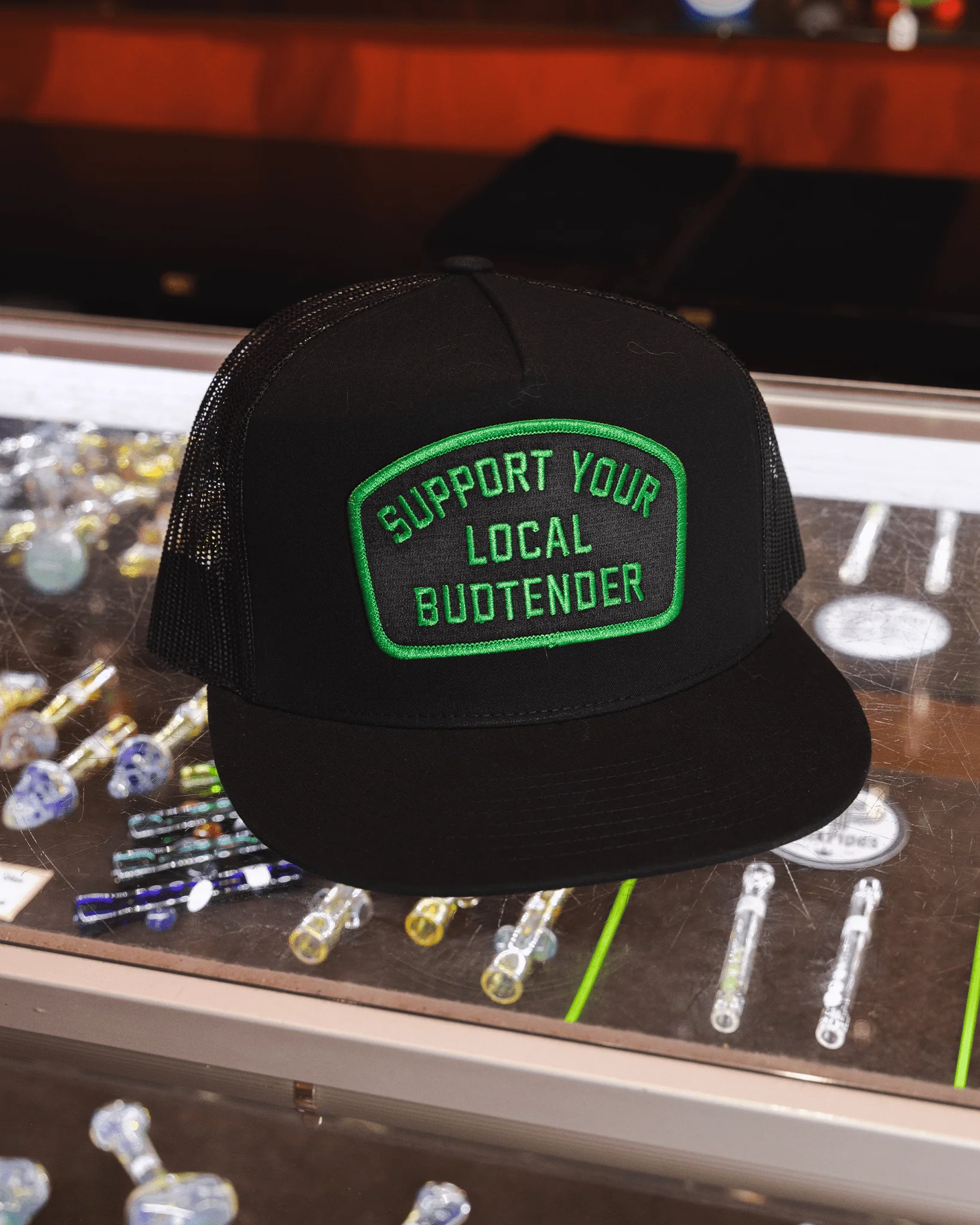 Support Your Local Budtender Flat Bill Trucker Snapback - Green - Image 4