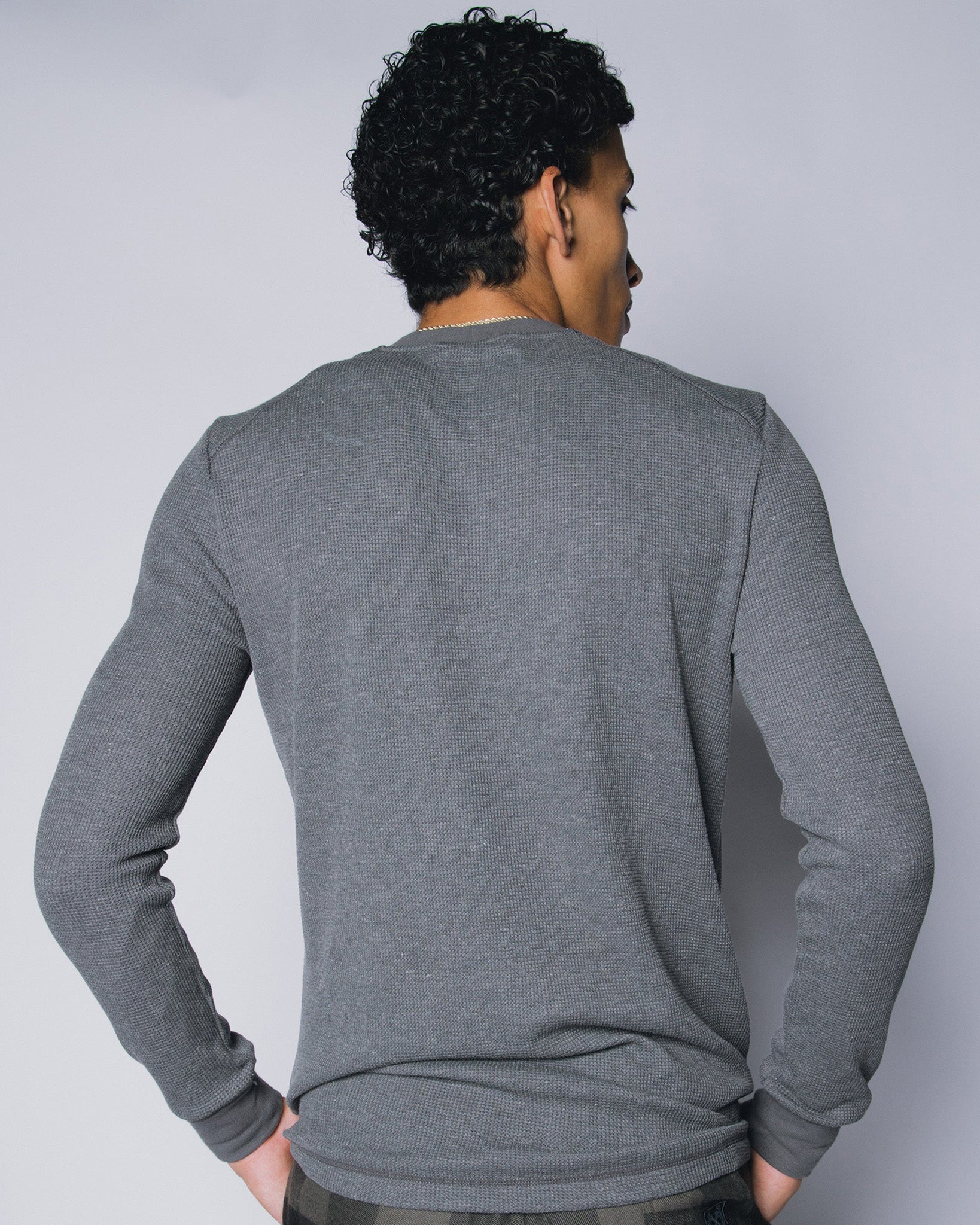 Waffle Knit Long Sleeve T-Shirt - Dark Gray - Image 2