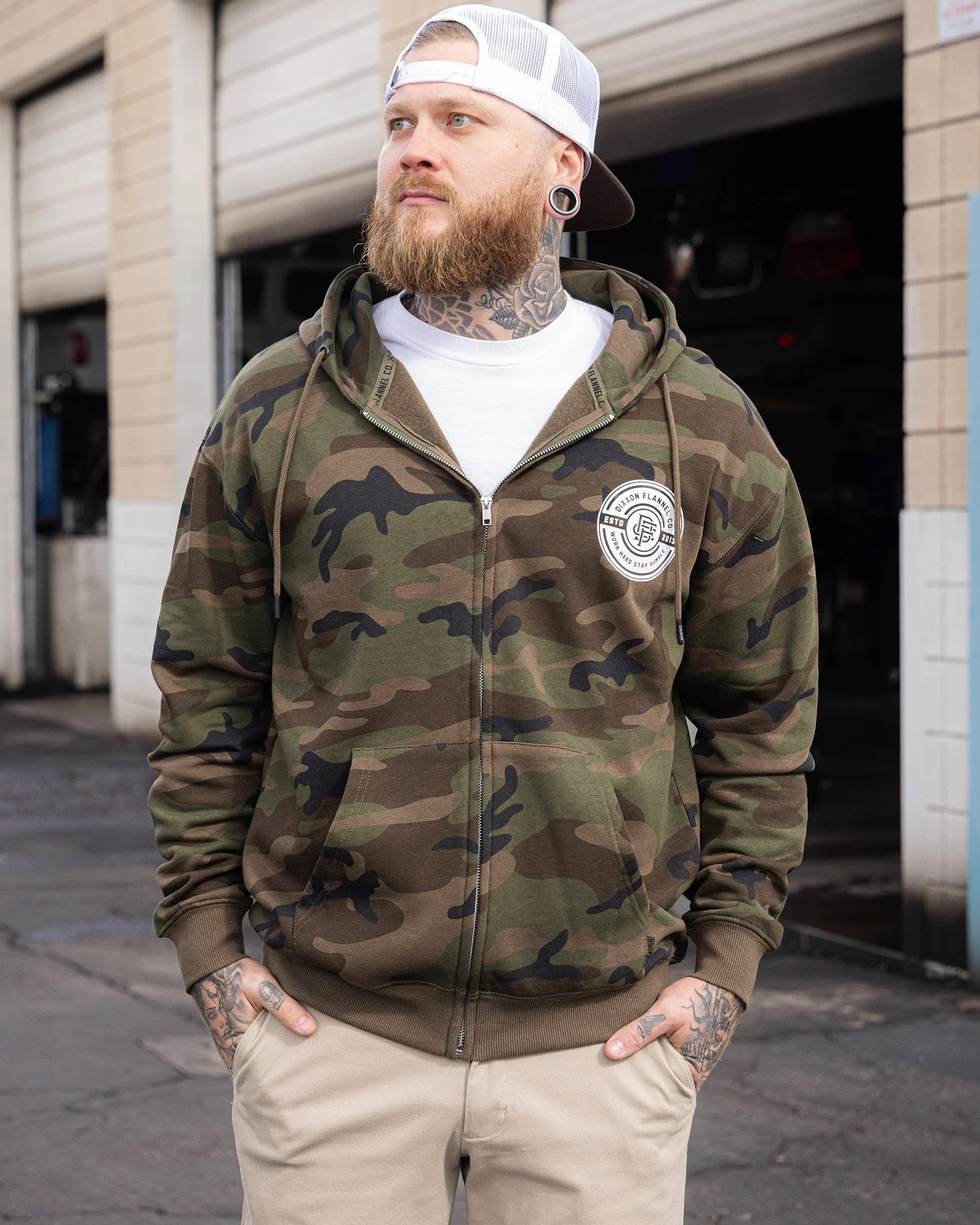 White Work Hard Badge Zip Up - Camo - Image 4