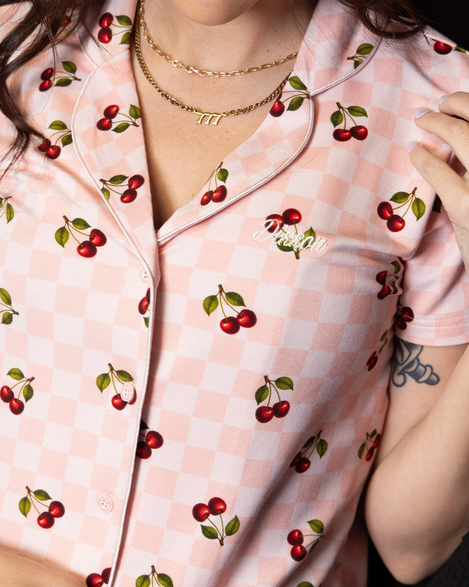 Women's Pink Checkered and Cherry Button Up Pajama Top - Image 2