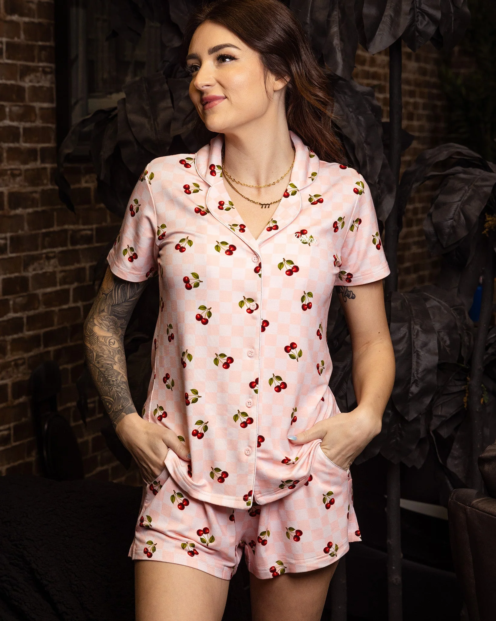 Women's Pink Checkered and Cherry Button Up Pajama Top - Image 4
