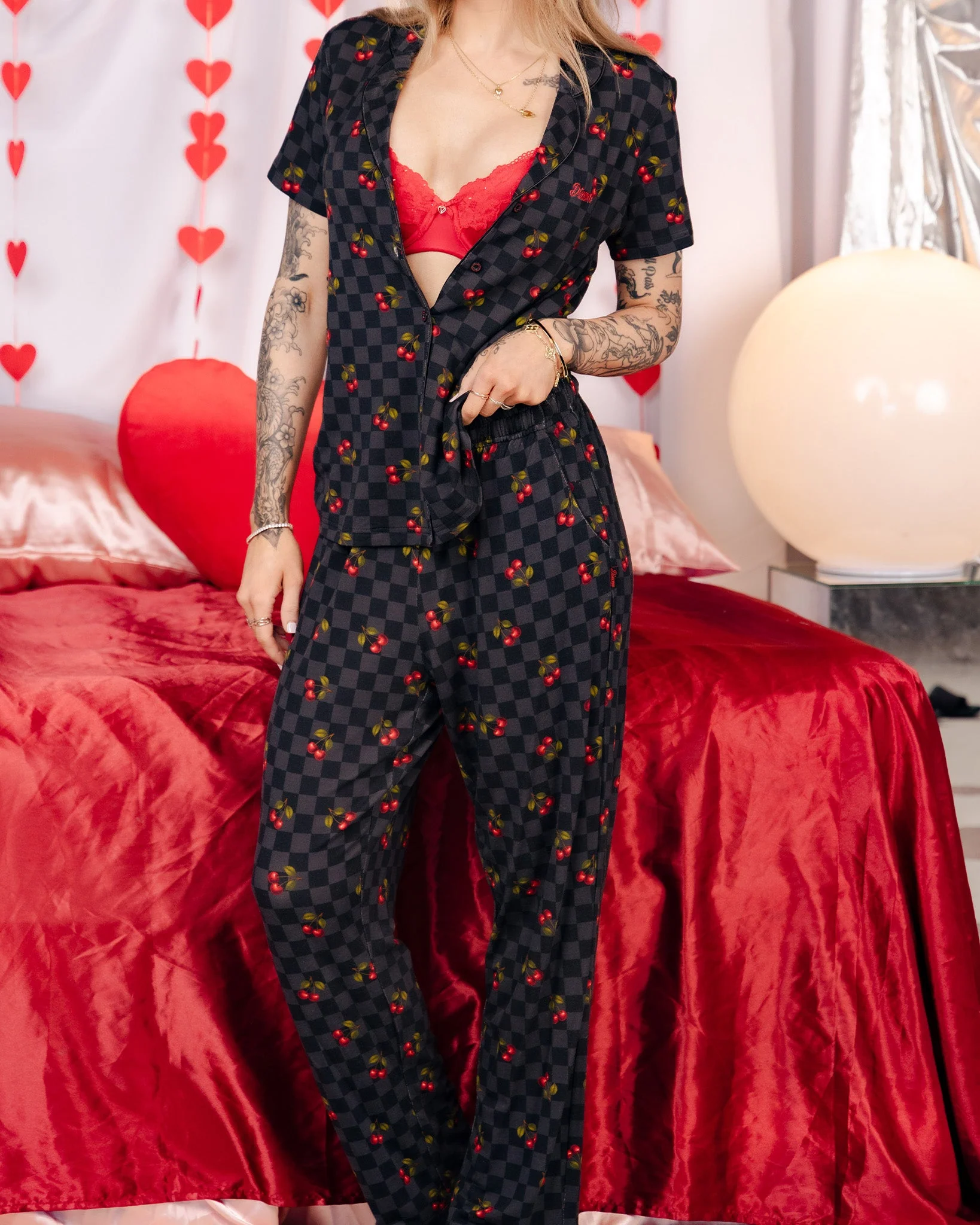 Women's Black Checkered and Cherry Pajama Pants - Image 2