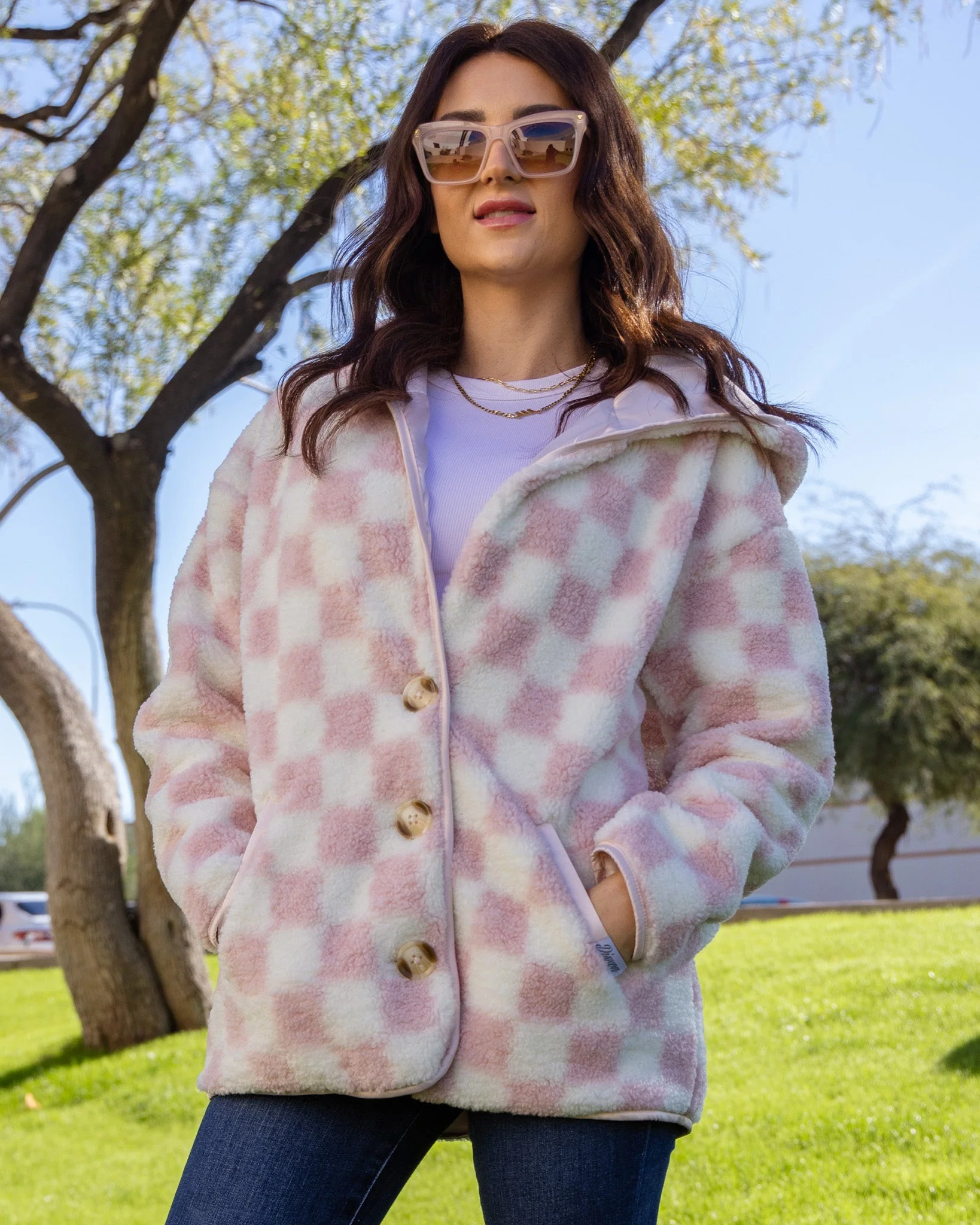 Women's Checkered Sherpa Cardigan - Pink & Cream - Image 2