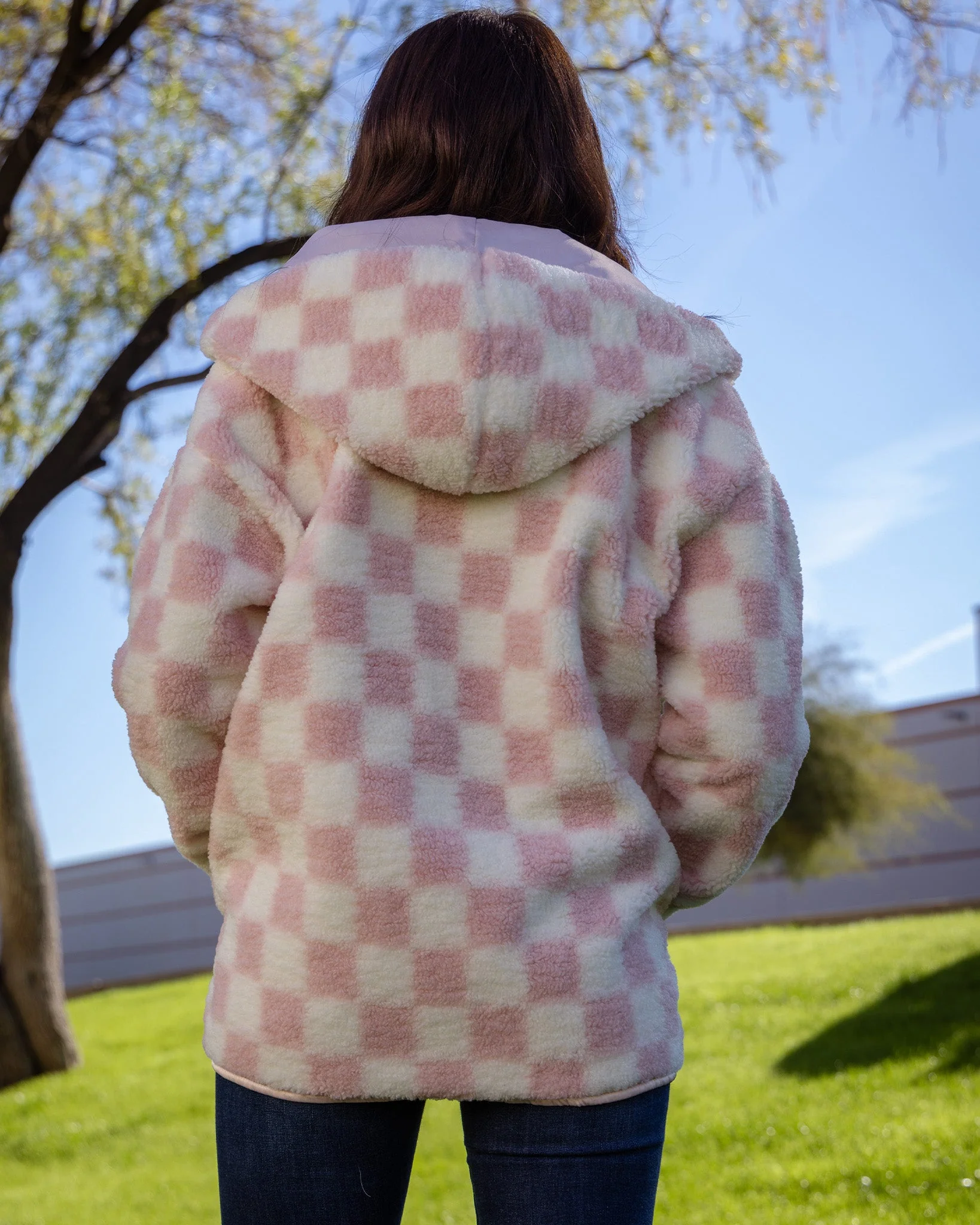 Women's Checkered Sherpa Cardigan - Pink & Cream - Image 3