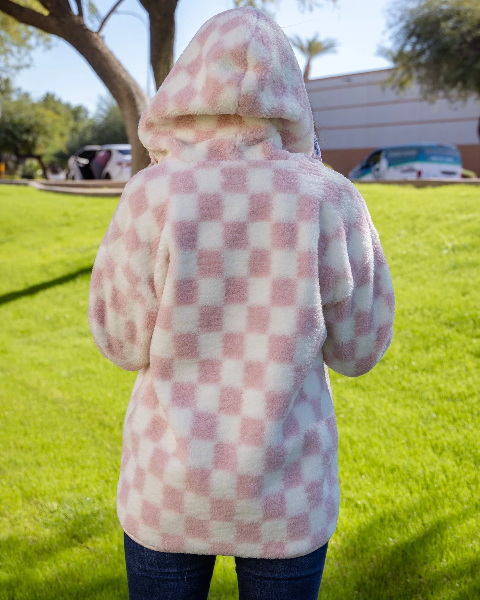Women's Checkered Sherpa Cardigan - Pink & Cream - Image 7