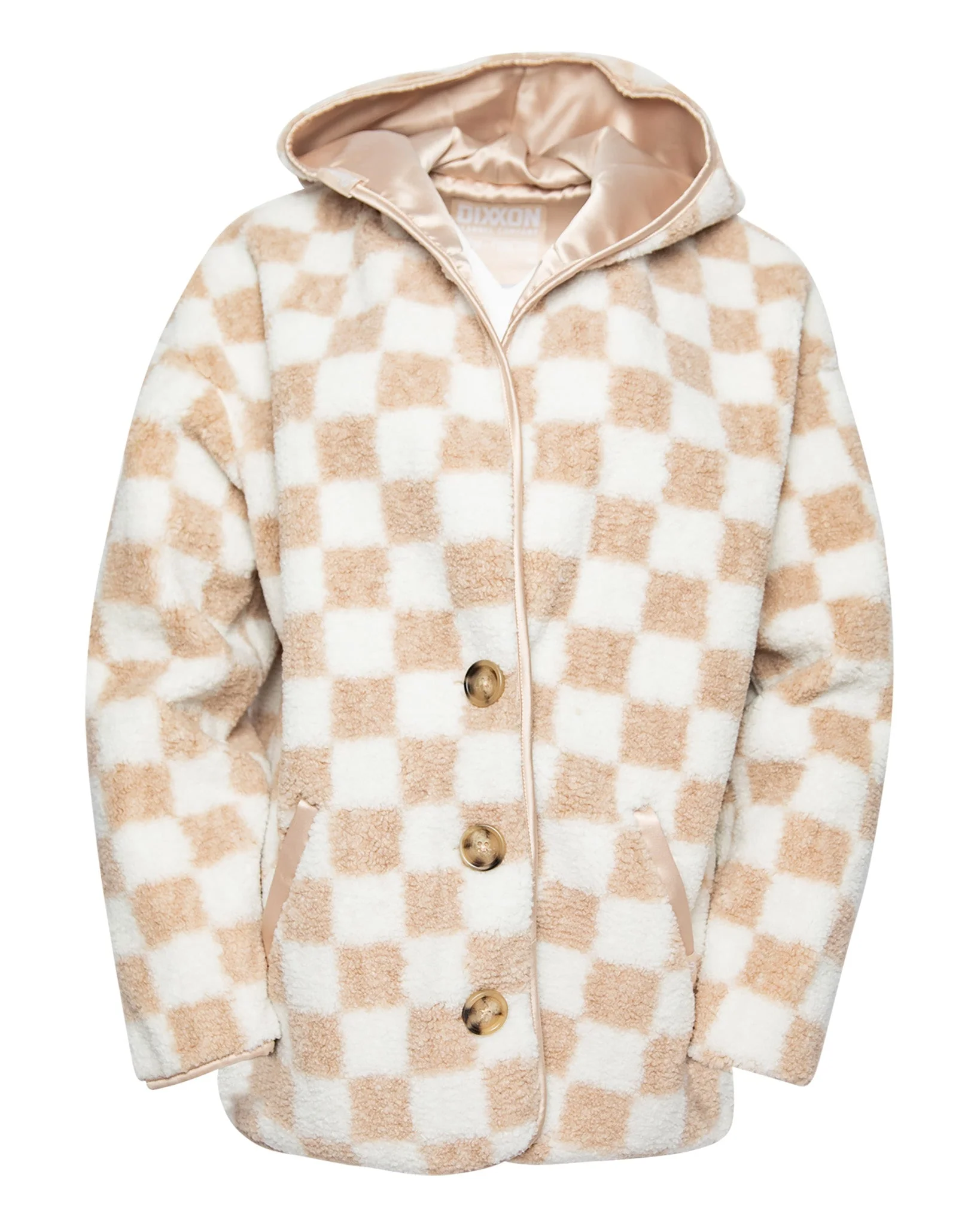Women's Checkered Sherpa Cardigan - Tan & White - Image 2