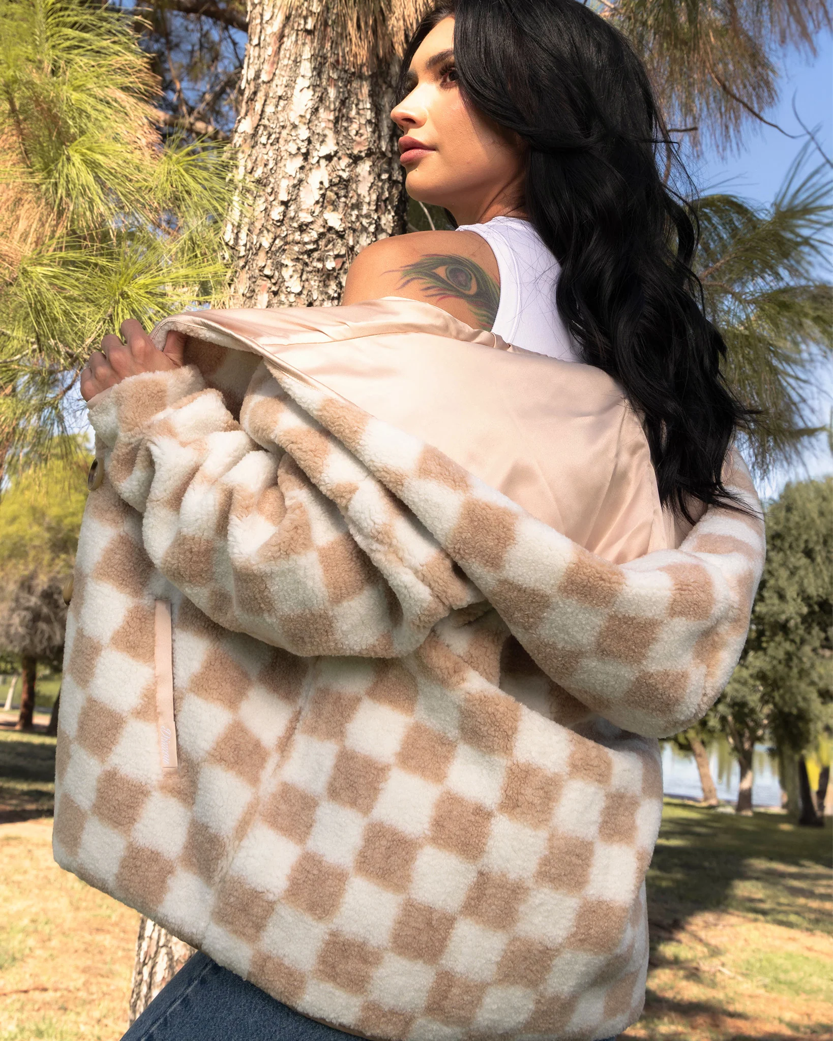 Women's Checkered Sherpa Cardigan - Tan & White - Image 6