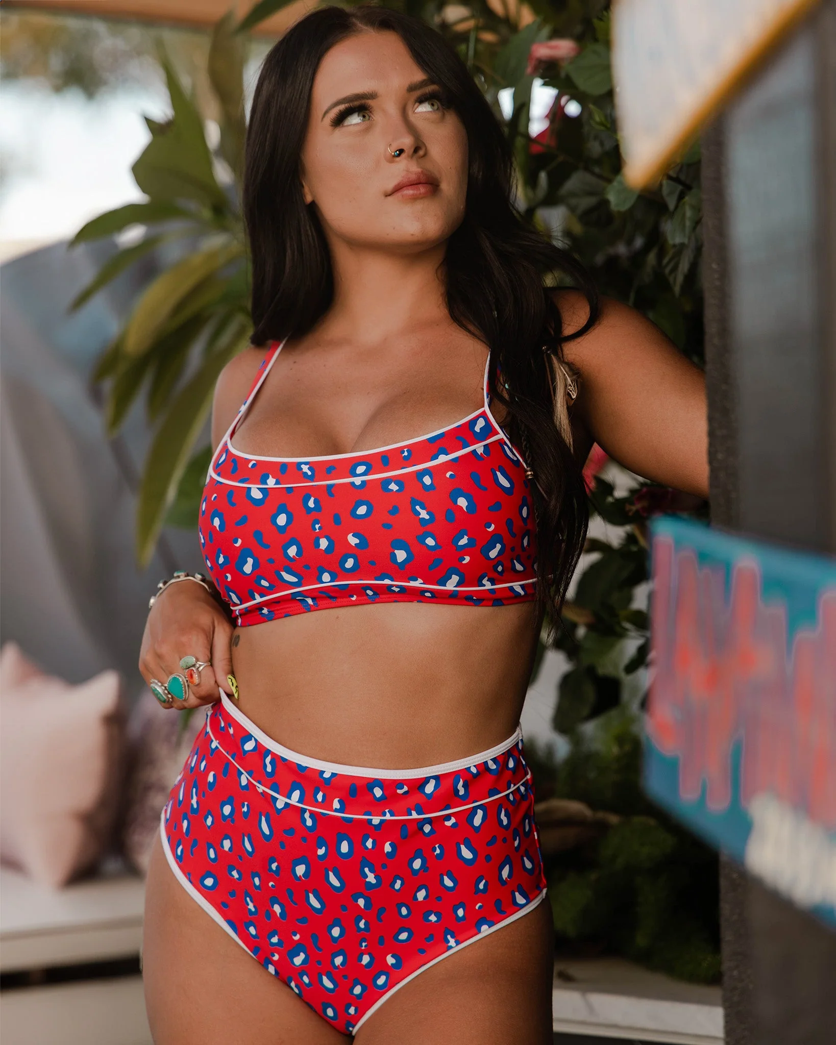 Women's Coastline High Waisted Bikini Bottom - Red, White, & Blue Leopard - Image 3