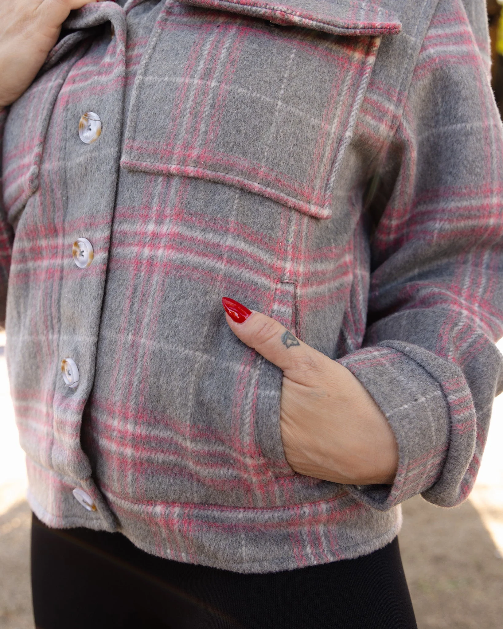 Women's Cropped Shacket - Gray & Pink - Image 7