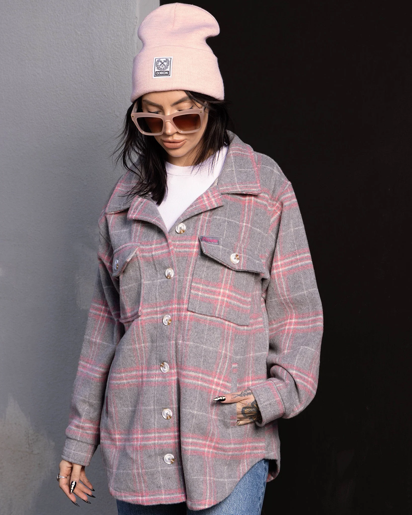Women's Long Shacket - Gray & Pink - Image 8