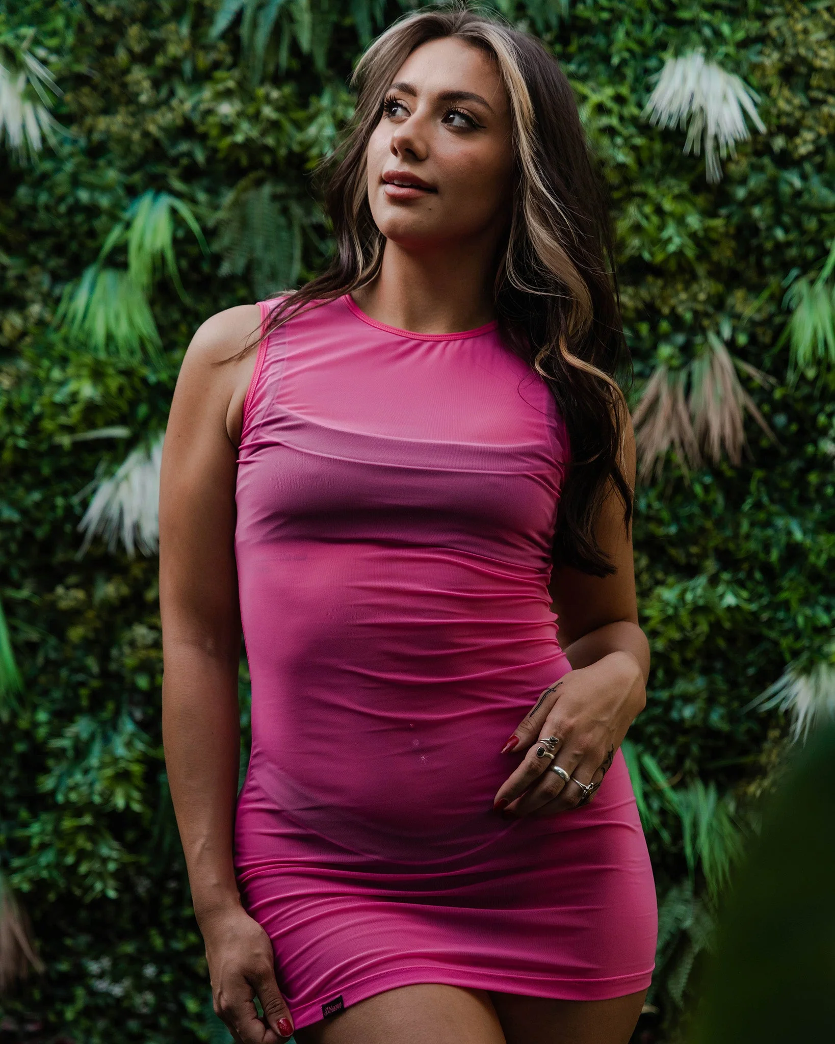 Women's Mesh Cover Up Dress - Hot Pink - Image 3