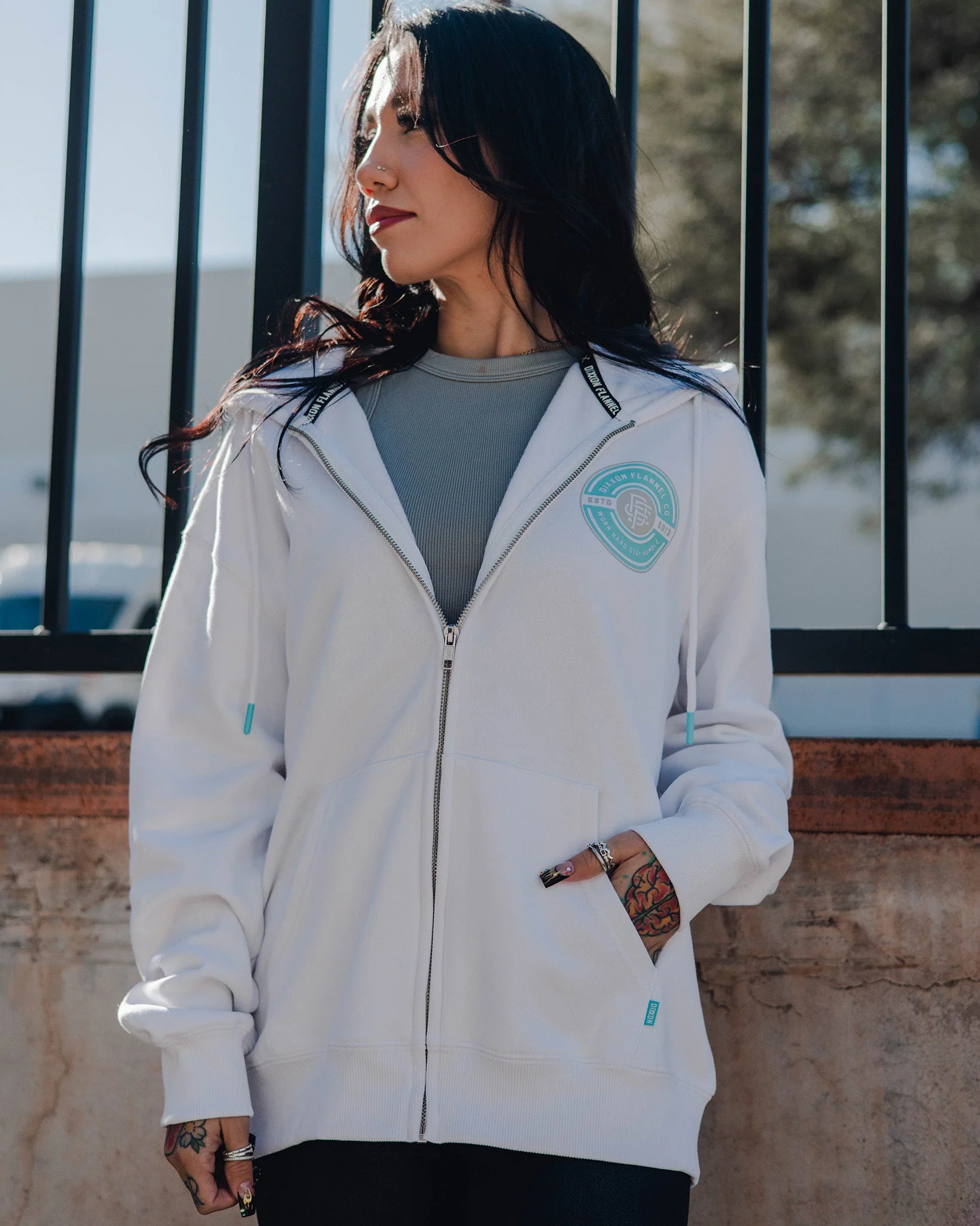 Women's Tiffany Work Hard Badge Zip Up Hoodie - White - Image 2