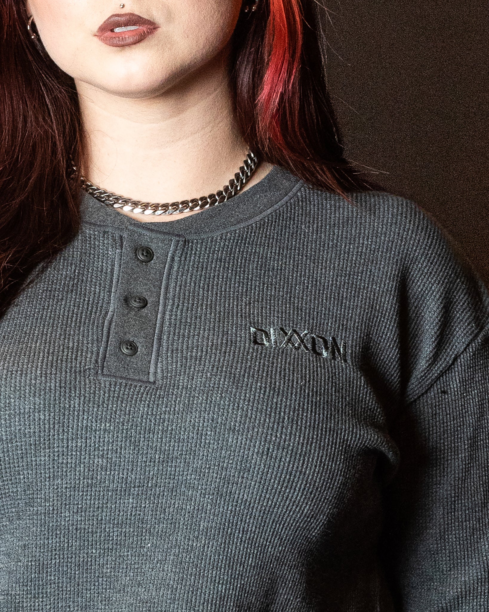 Women's Waffle Knit Long Sleeve Crop Tee - Dark Gray - Image 3