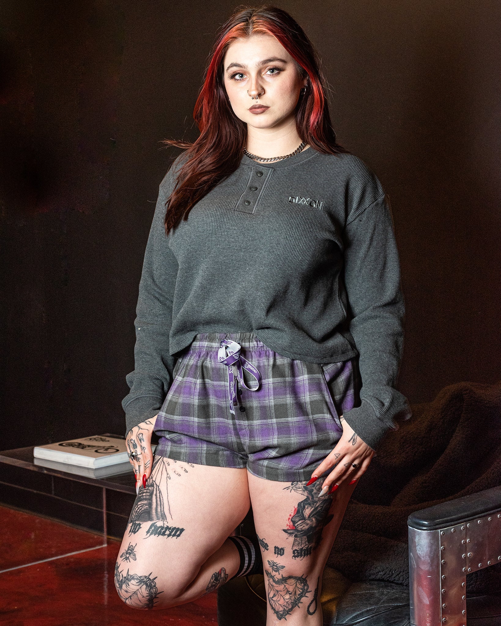 Women's Waffle Knit Long Sleeve Crop Tee - Dark Gray - Image 4