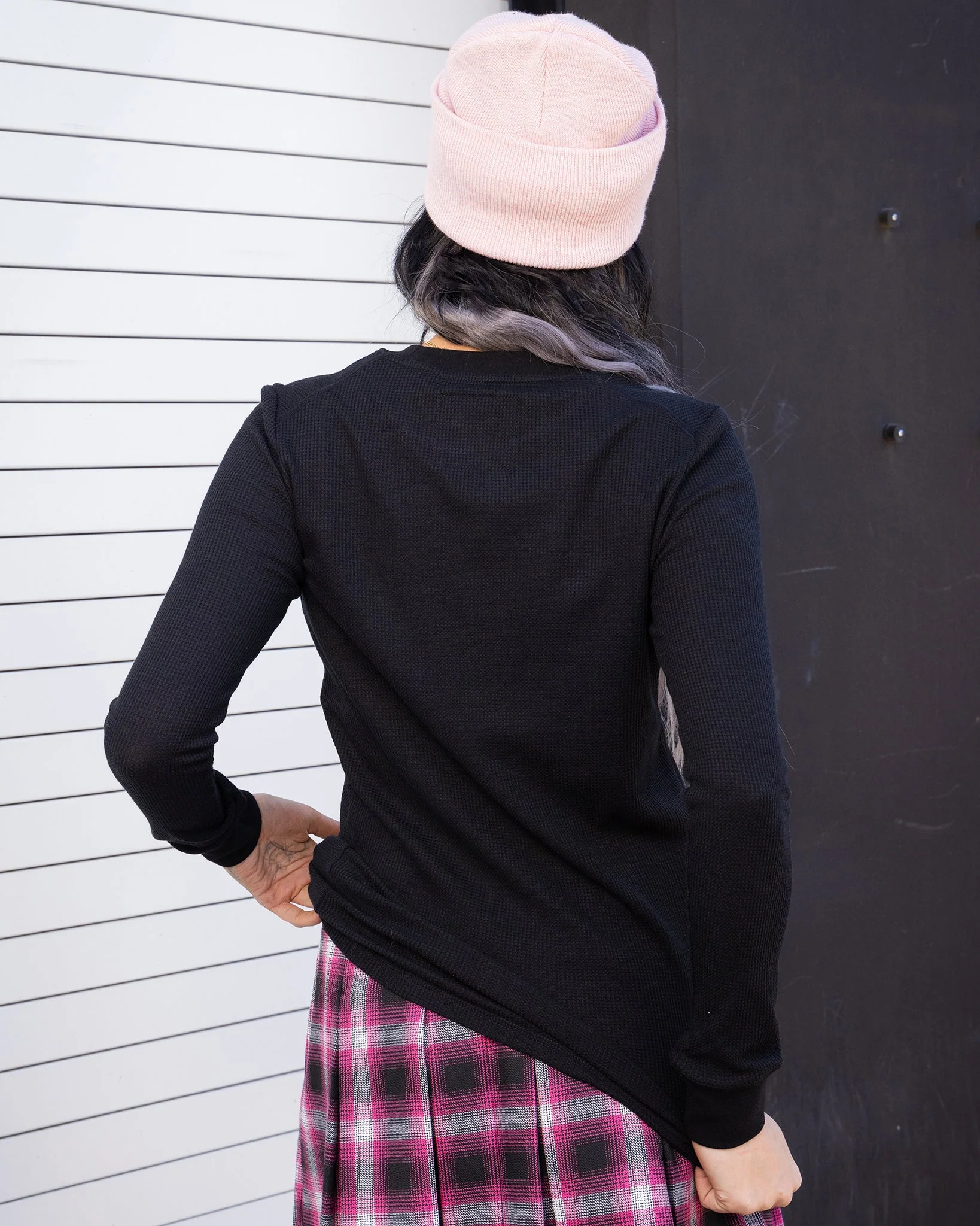 Women's Waffle Knit Long Sleeve Tee - Black - Image 3