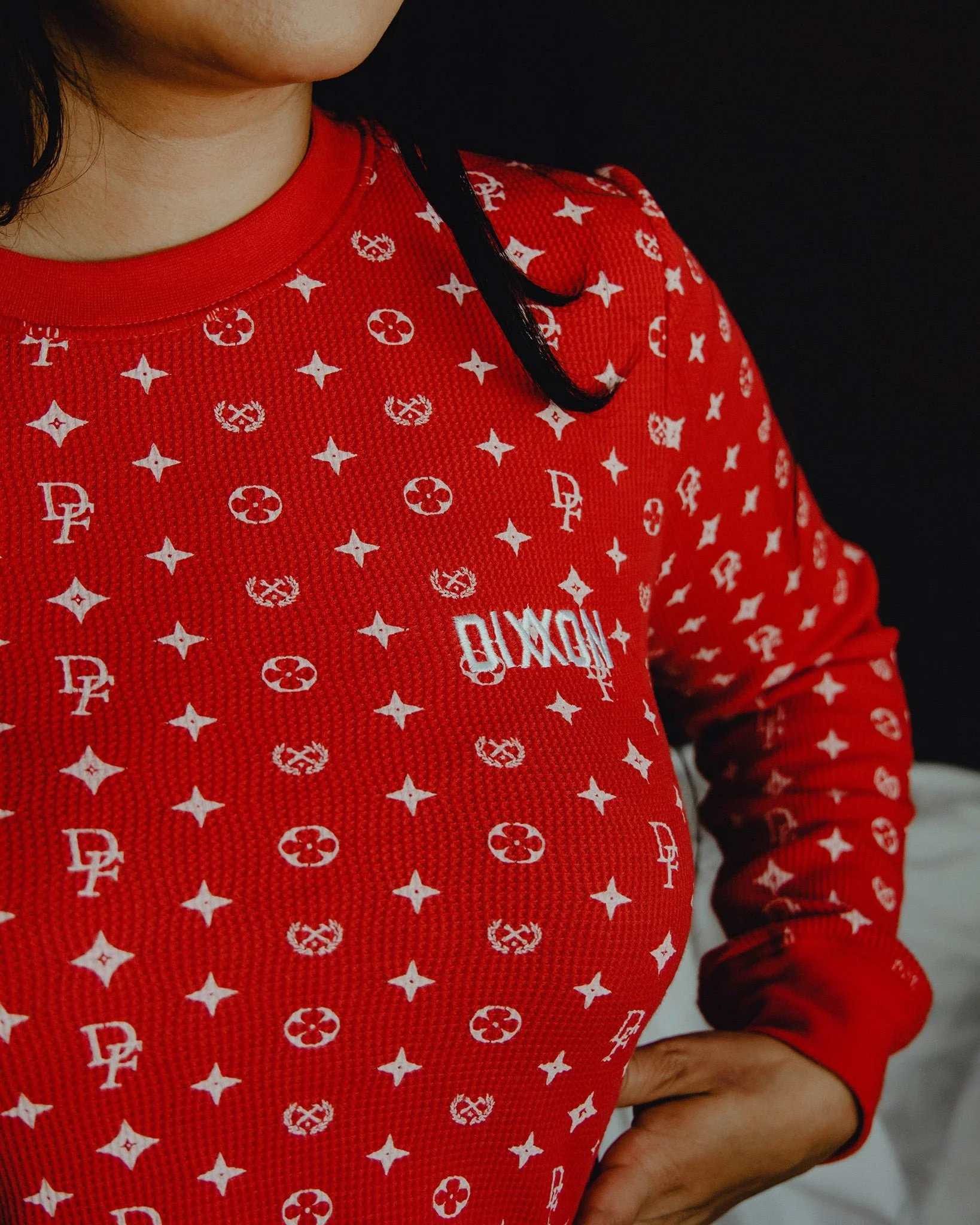 Women's Waffle Knit Long Sleeve Tee - Red & White Bougie - Image 2