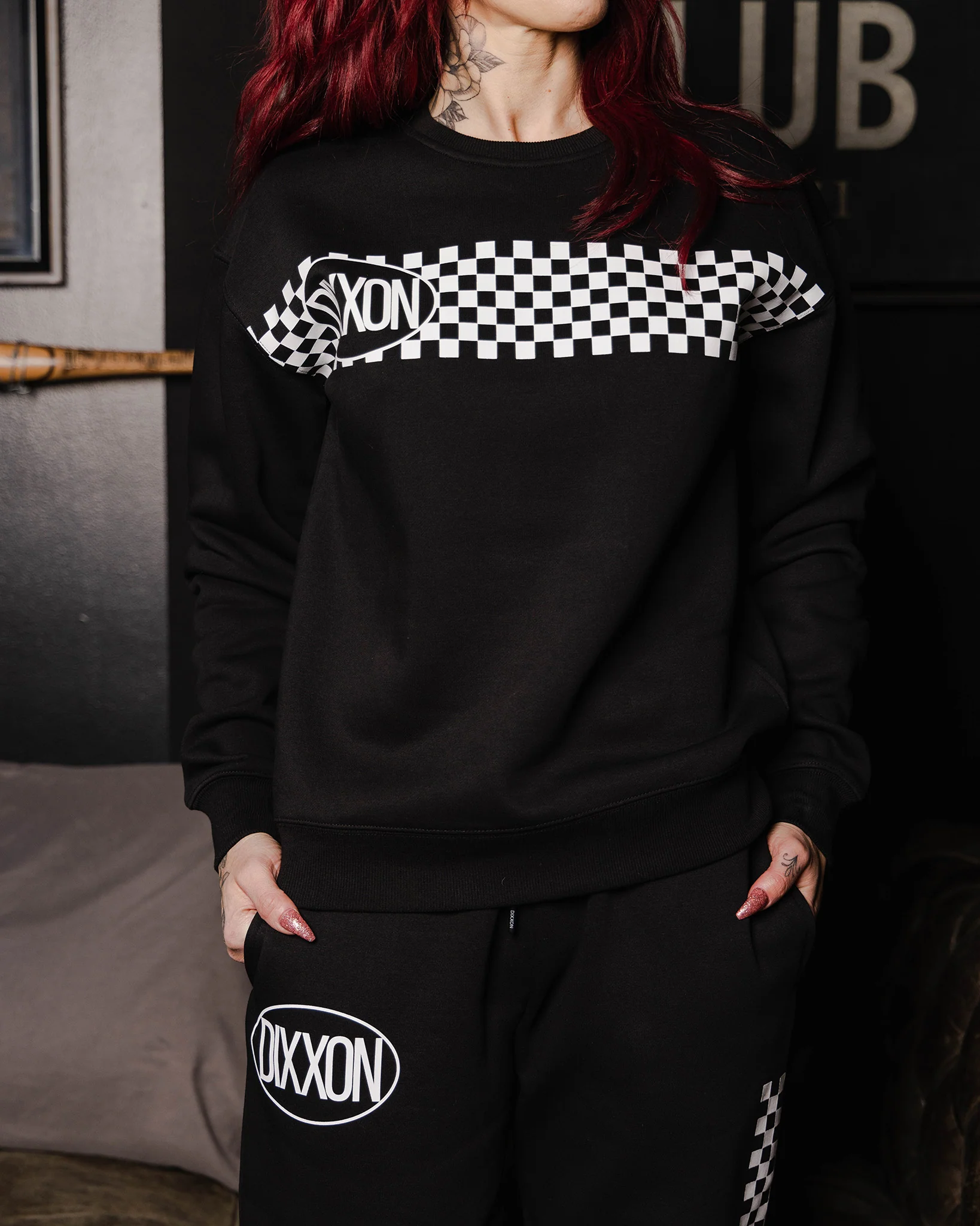 Women's White Checkers Crewneck Sweatshirt - Black - Image 2