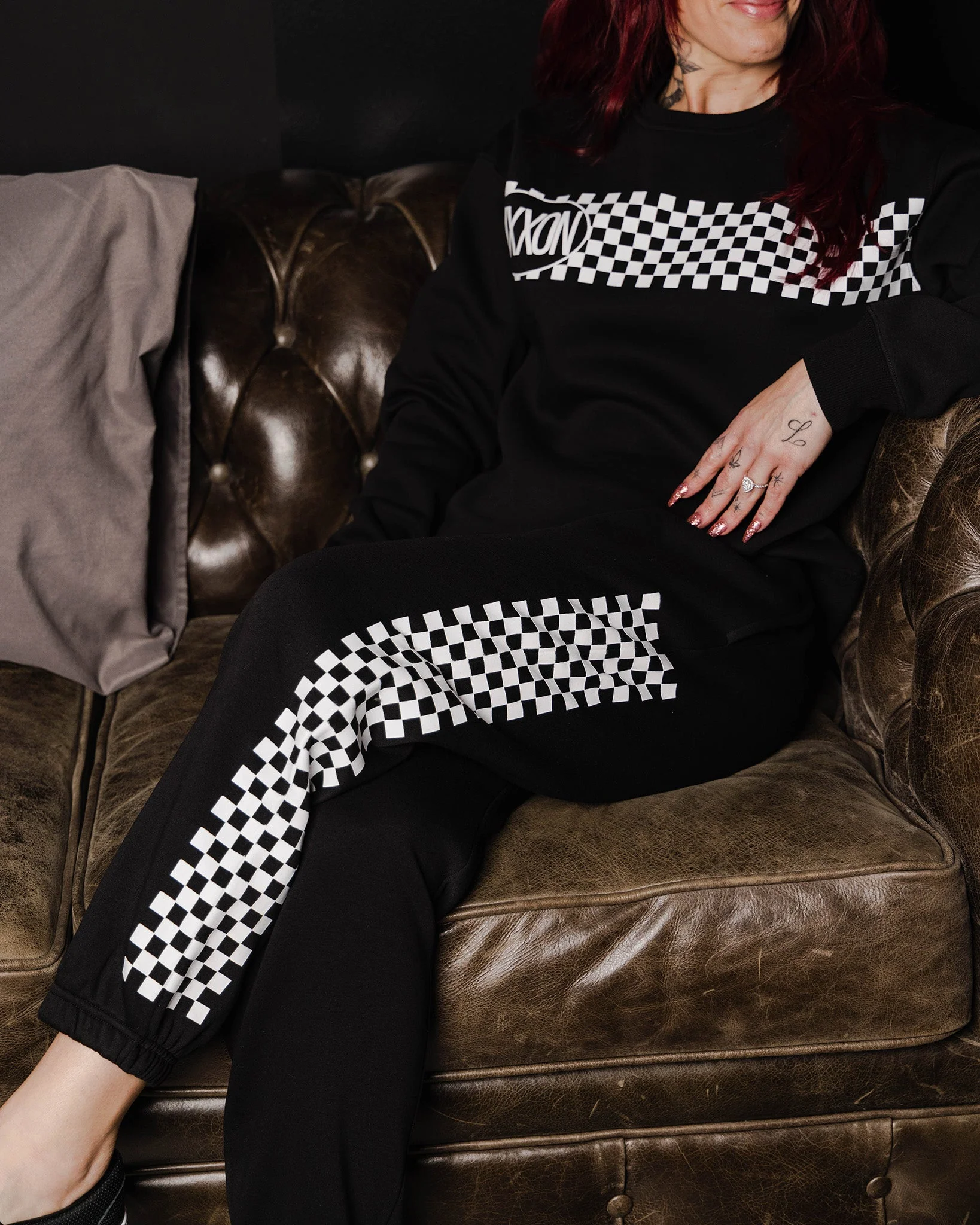 Women's White Checkers Crewneck Sweatshirt - Black - Image 3