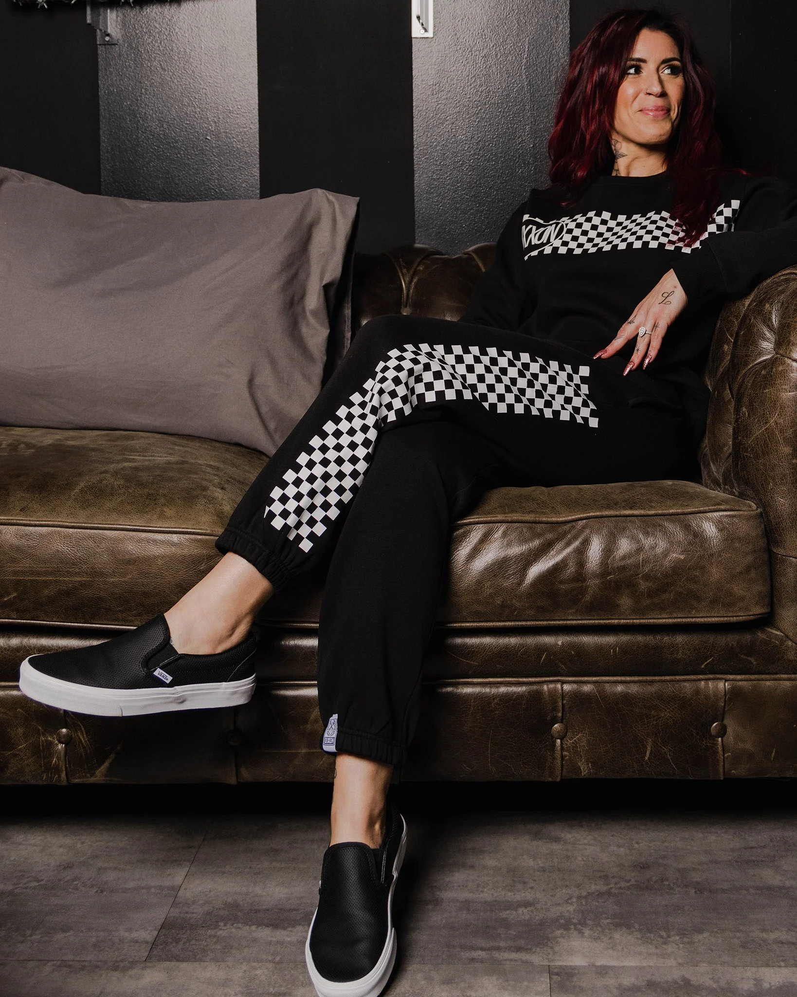 Women's White Checkers Crewneck Sweatshirt - Black - Image 4