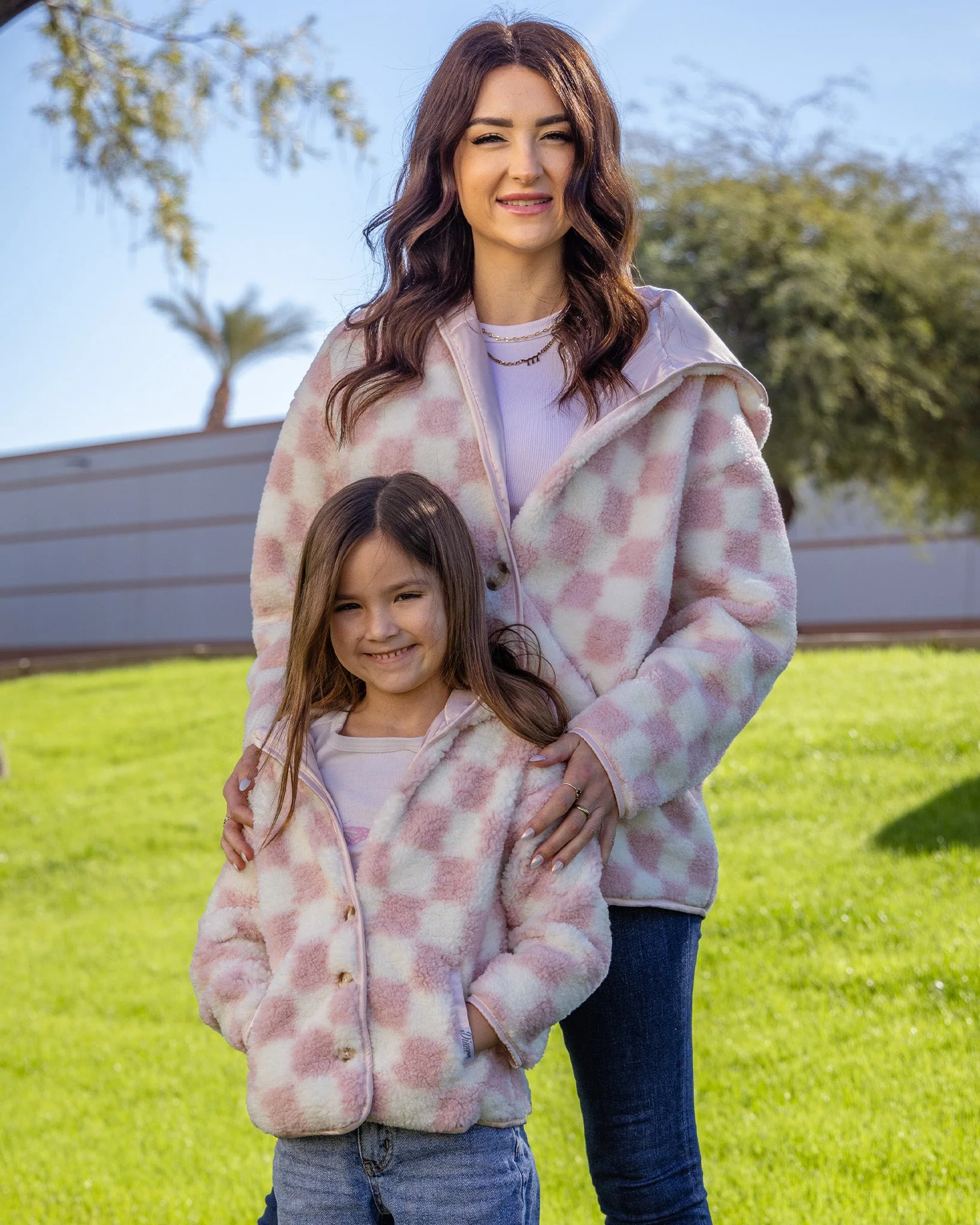 Youth Checkered Sherpa Cardigan - Pink & Cream - Image 2